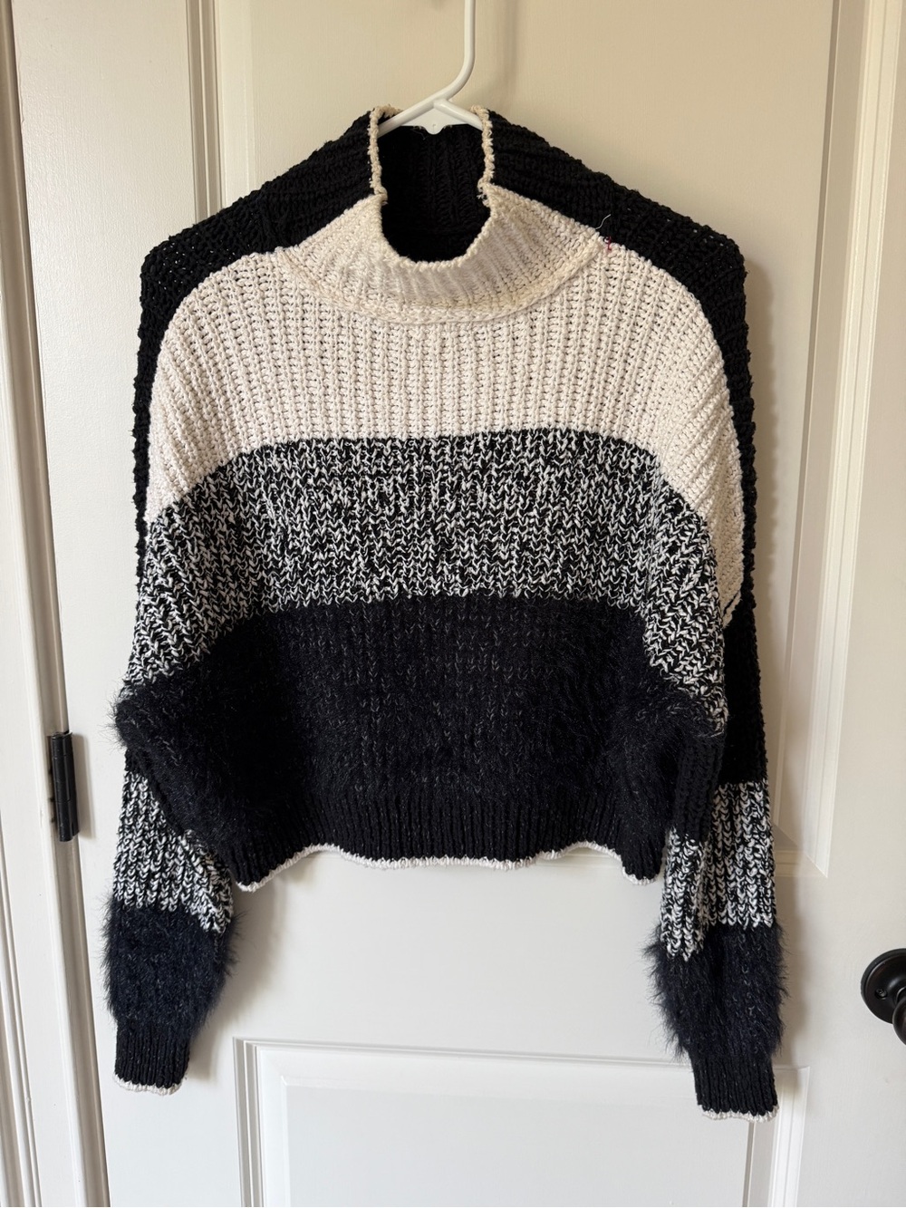 Free People Black & White Colorblock Cropped Turtleneck Sweater